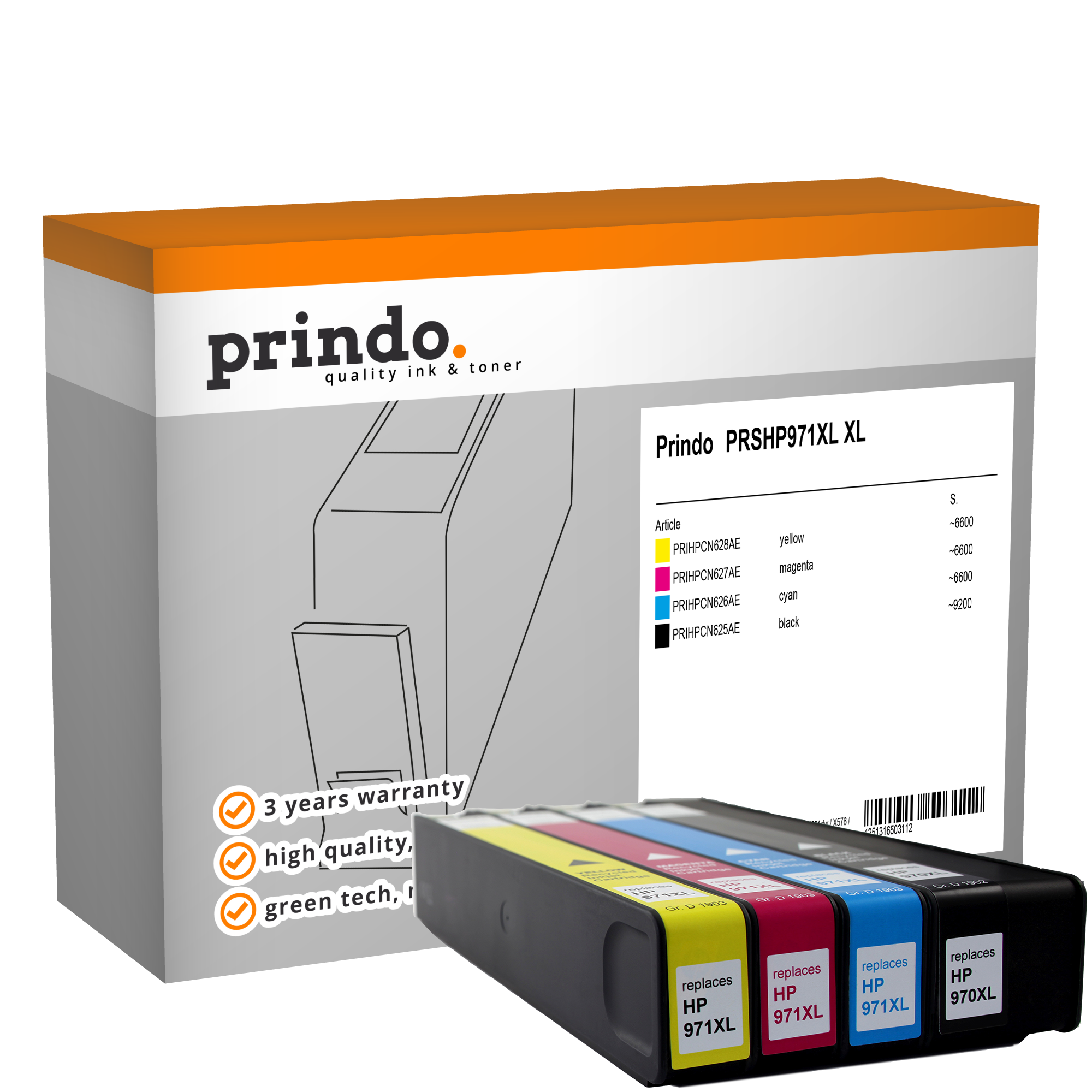 Prindo Basic XL Multipack kompatibel mit HP 970/971XL Schwarz/Cyan/Magenta/Gelb